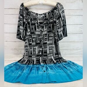 AVENUE LADIES BLOUSE TOP SIZE 22/24 BLACK WHITE Blue Sheer Button Down Tunic.